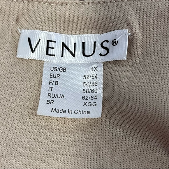 Venus Beige Sequin Cocktail Dress Faux Wrap Tan Metallic V-Neck Balloon Sleeves - Picture 15 of 17